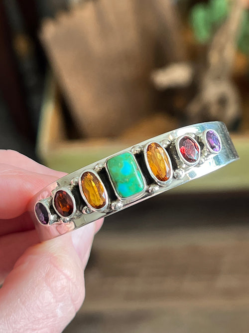 Navajo Made Sterling Silver Gems & Jewels Stacker Cuff Bracelet by Lucy Jake, Wider