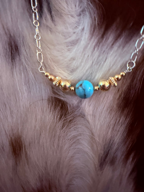 Handcrafted Sterling Silver, Gold & Turquoise Beaded 16” Necklace