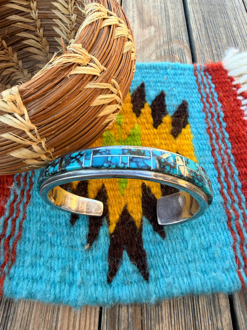 Handcrafted Old Pawn Sterling Silver & Turquoise Inlay Cuff Bracelet