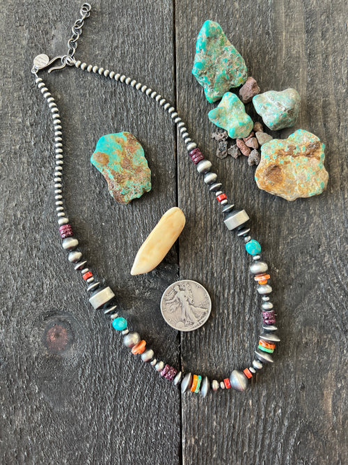 Navajo Made Electric Rainbow Sterling Silver, Turquoise and Spiny Oyster Single Strand Beaded Necklace by Rose Martin, 20 + 2 Inches