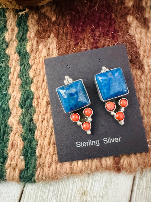 Old Pawn Navajo Sterling Silver, Lapis & Coral Dangle Earrings