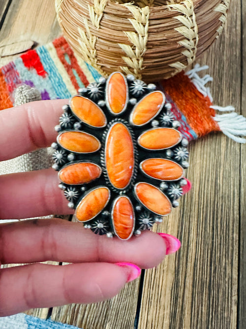 Old Pawn Handcrafted Spiny Oyster & Sterling Silver Cluster Ring by Tyler Brown, Size 10
