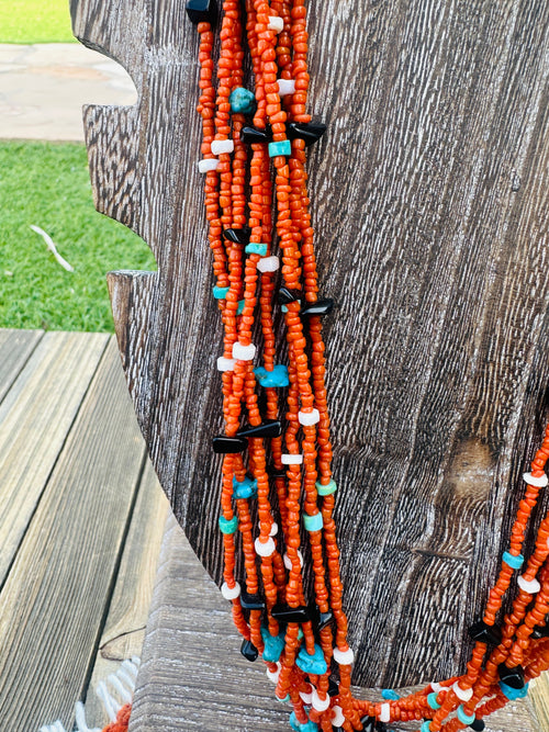 Old Pawn Handcrafted Coral, Turquoise & Black Onyx Beaded 32” Necklace