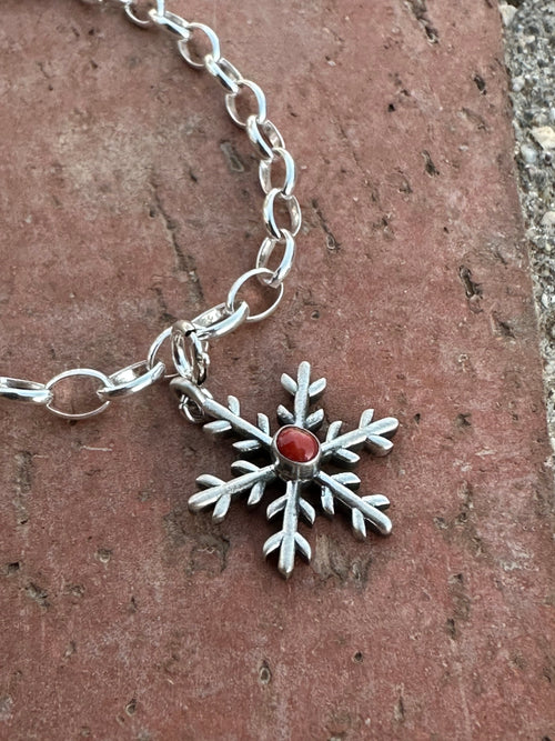 Handmade Sterling Silver and Coral CHRISTMAS SPIKY SNOWFLAKE Charm