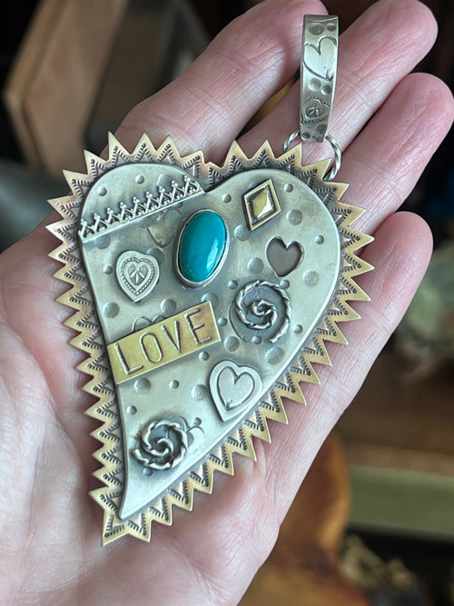 Kimari Somers Hand Stamped Sterling Silver, Brass & Turquoise Queen of Hearts Pendant