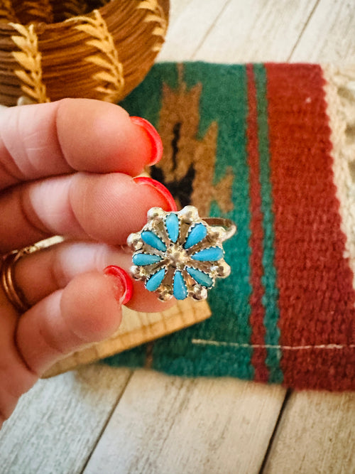 Zuni Sterling Silver & Turquoise Needlepoint Ring Size 8.25