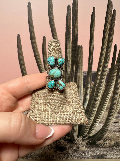 Beautiful Handmade Number 8 Turquoise And Sterling Silver Adjustable 5 Stone Ring