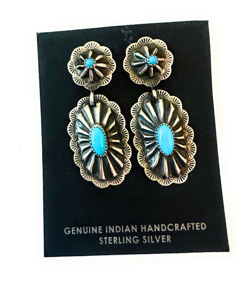 Navajo Hand Stamped Sterling Silver & Turquoise Concho Dangle Earrings