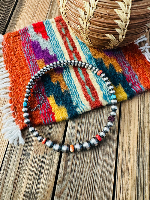 Handcrafted Turquoise, Spiny & Sterling Silver Beaded Wrap Choker Necklace