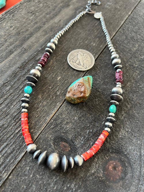 Navajo Electric Rainbow Sterling Silver, Turquoise and Spiny Oyster Single Strand Beaded Necklace by Rose Martin, 18 + 2 Inches