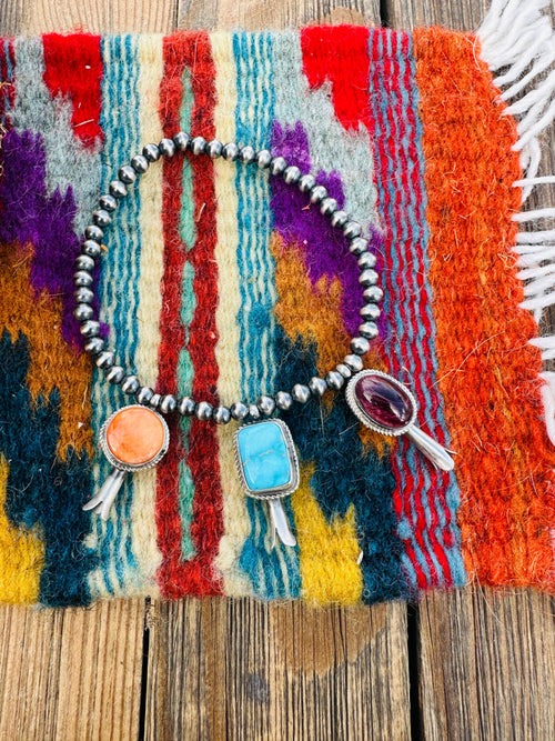 Handcrafted 3mm Sterling Silver Pearl, Turquoise & Spiny Oyster Blossom Stretch Bracelet