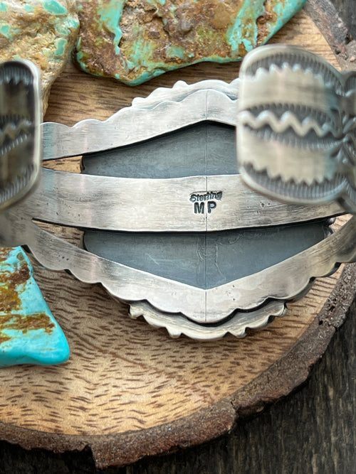 Navajo Sterling Silver Electric Rainbow Sonoran Turquoise and Spiny Oyster Cluster Cuff Bracelet by Murphy Platero