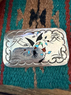 Handcrafted Vintage Old Pawn Sterling Silver and Multi Stone Inlay Hummingbird Belt Buckle