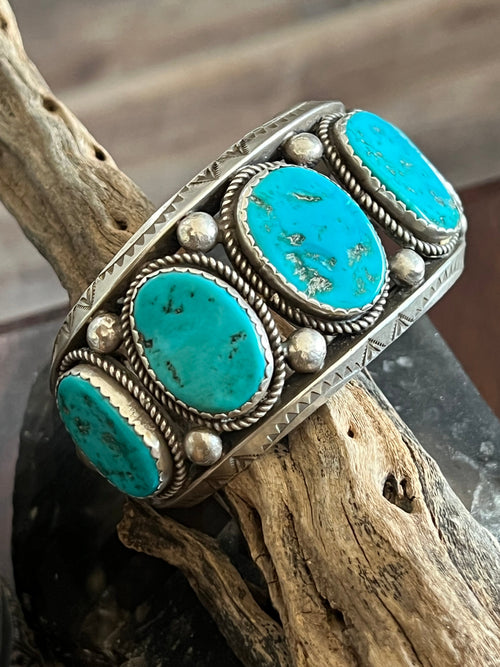 Old Pawn Navajo Sterling Silver and Natural Sleeping Beauty Turquoise Cuff Bracelet, Signed D