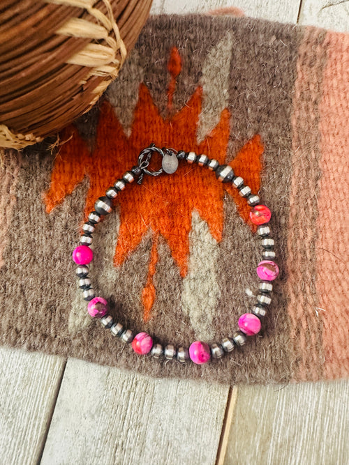 Navajo Pink Mojave and Sterling Silver Pearl Beaded Bracelet