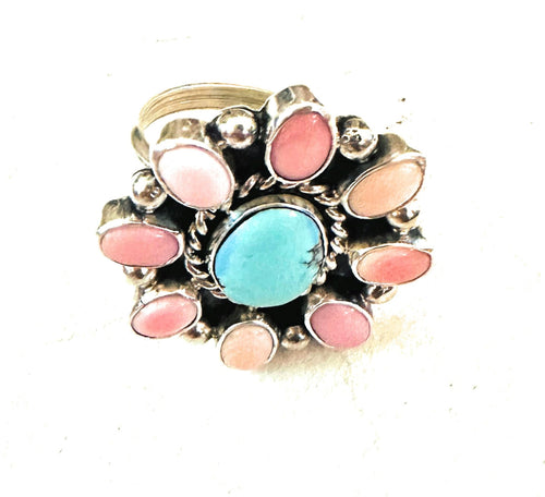 Navajo Sterling Silver, Queen Pink Conch & Turquoise Cluster Adjustable Ring