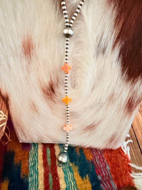 Handcrafted Spiny Oyster & Sterling Silver Pearl 20” Beaded Lariat Necklace