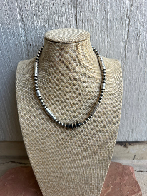 Handmade Hand Stamped Beaded Sterling Silver Necklace 16” With 2” Extender