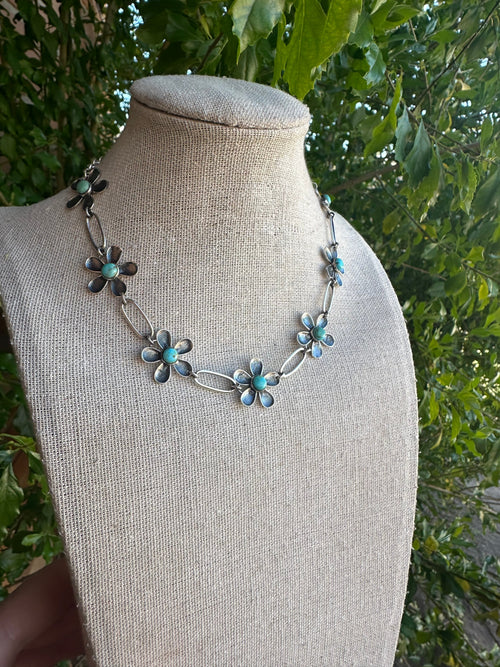 Nizhoni Handmade Sterling Silver & Turquoise Daisy Link Choker 14-16”