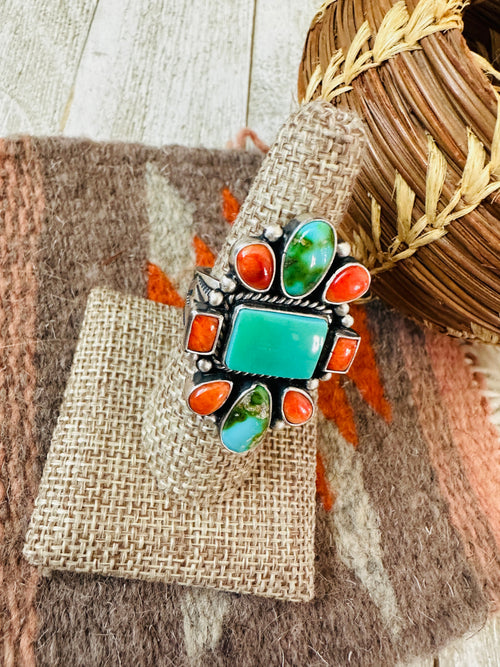 Handcrafted Sterling Silver, Turquoise & Spiny Oyster Ring by Bernyse Chavez and Angela Martin, Size 8