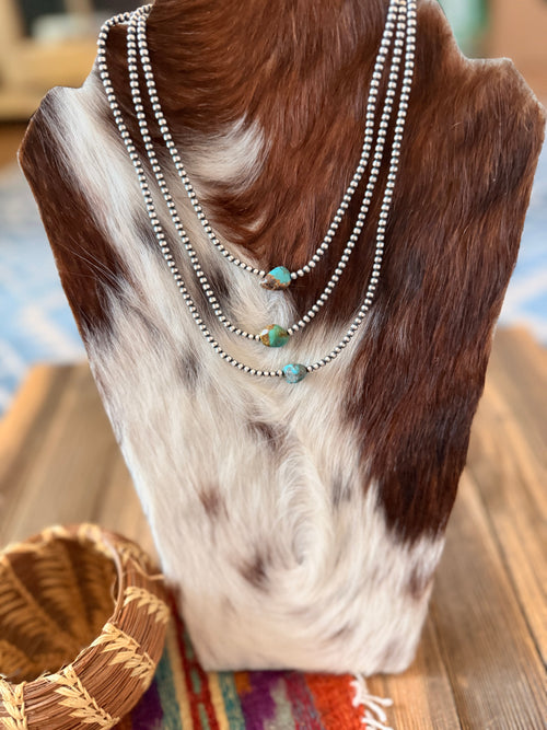 Handcrafted Turquoise & 3mm Sterling Silver Pearl Beaded Necklace