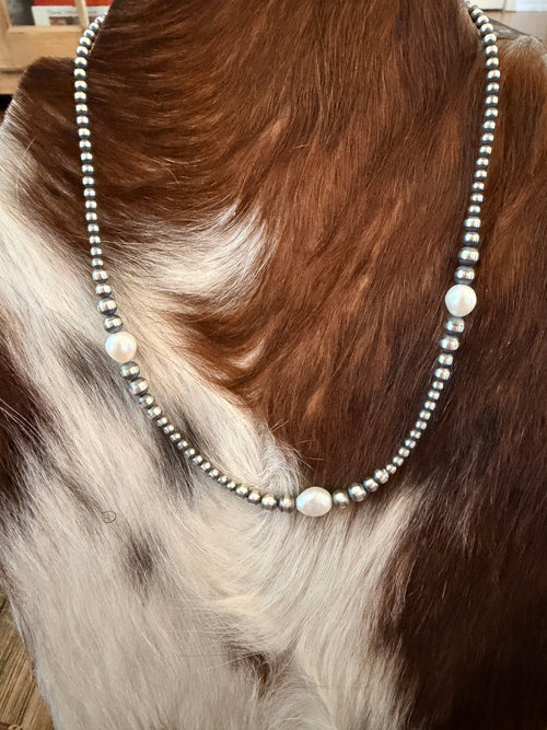 Handcrafted Mother of Pearl and Sterling Silver Pearl Beaded Necklace