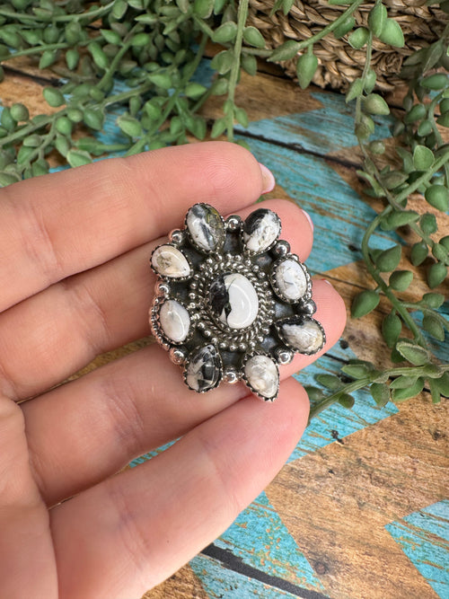 Beautiful Handmade White Buffalo And Sterling Silver Adjustable Cluster Ring