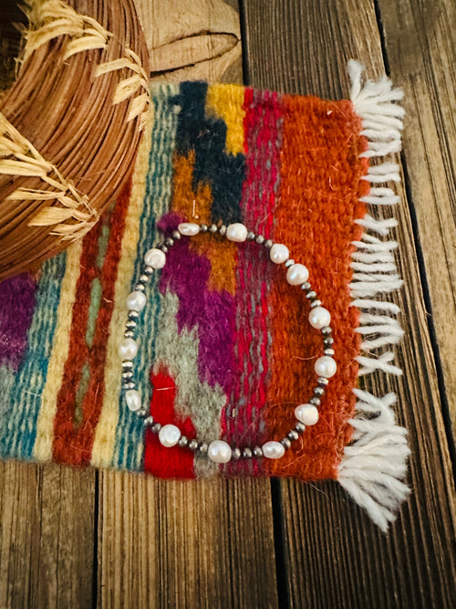 Handcrafted Freshwater Pearl & Sterling Silver Pearl Beaded Stretch Bracelet