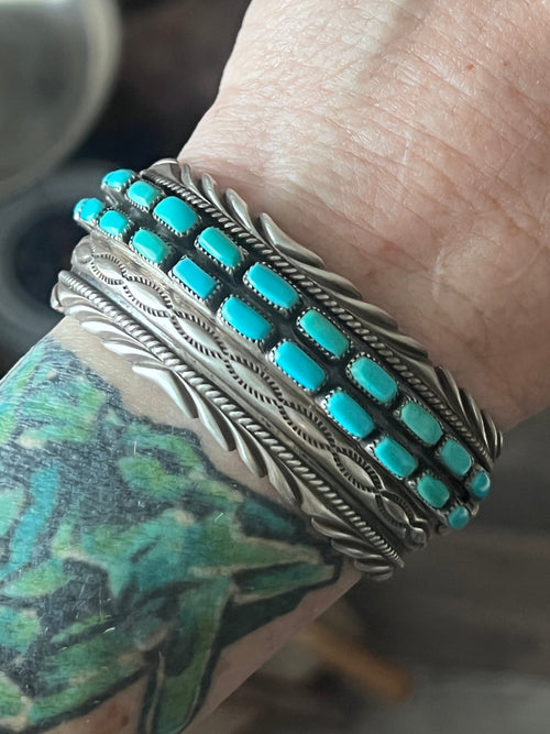Estate Collection Vintage Sterling Silver and Kingman Turquoise Row Cuff by James Martin