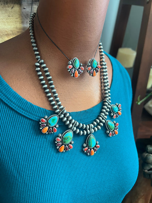 Navajo Made Sterling Silver Electric Rainbow Beaded Cluster Necklace & Earrings Set by Angela Martin