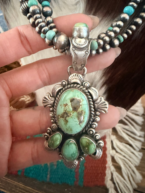 Handcrafted Sonoran Mountain Turquoise & Sterling Silver Beaded Necklace by Gilbert Tom