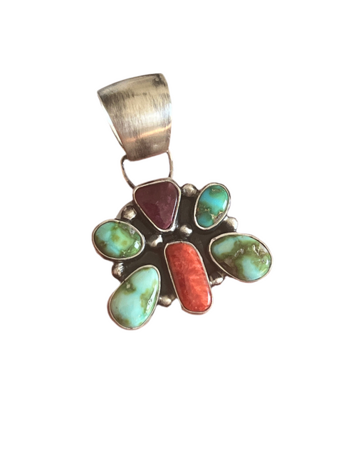 Navajo Electric Rainbow Turquoise and Spiny Oyster Mini Butterfly Pendant by Angela Martin