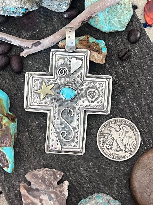 Hand Stamped Sterling Silver & Turquoise Cross Pendant by Kimari Somers