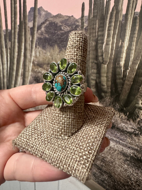 Handmade Sterling Silver, Number 8 Turquoise & Peridot Cluster Adjustable Ring