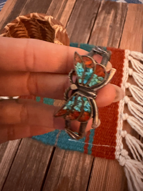 Handcrafted Old Pawn Sterling Silver, Turquoise & Coral Butterfly Cuff Bracelet