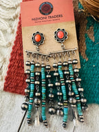 Navajo Turquoise, Coral  & Sterling Silver Pearl Beaded Tassel Dangle Earrings