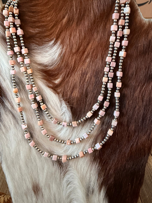 Handcrafted Queen Pink Conch and Sterling Silver Pearl Beaded Necklace