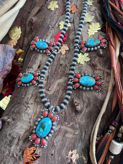 Taos Collection: Handcrafted Sterling Silver, Kingman Turquoise & Mediterranean Red Coral Necklace by Mark Yazzie