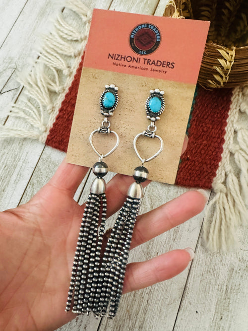 Navajo Turquoise & Sterling Silver Pearl Beaded Tassel Dangle Earrings