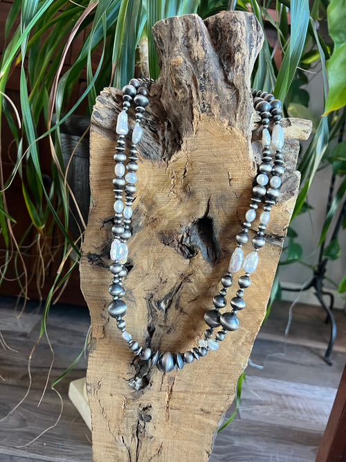 Navajo Sterling Silver and Freshwater Pearl Handmade Beaded Necklace by Rose Martin, 26 Inches