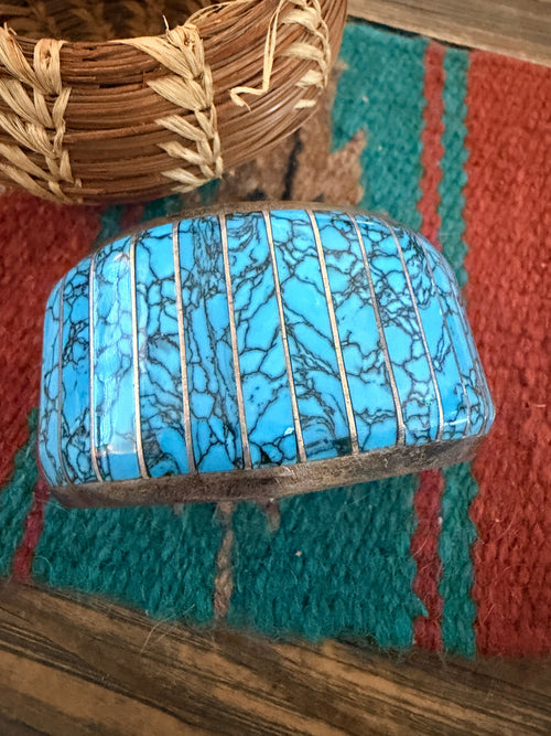 Handcrafted Old Pawn Sterling Silver, Turquoise & Spiny Oyster Inlay Cuff Bracelet