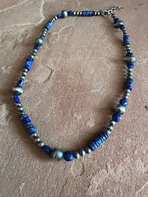 Handmade Sterling Silver & Lapis Beaded Necklace