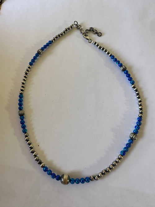 Handmade Navajo Pearl Style Sterling Silver, Blue Fire Opal Beaded Necklace