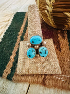 Old Pawn Handcrafted Turquoise & Sterling Silver Cluster Ring Size 10.5