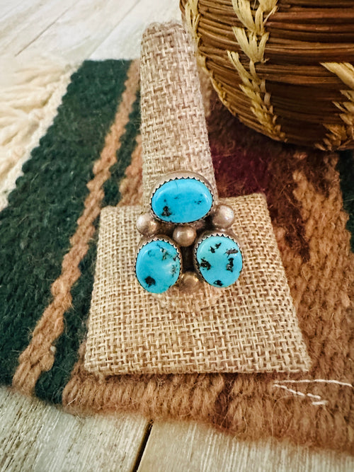 Old Pawn Handcrafted Turquoise & Sterling Silver Cluster Ring Size 10.5