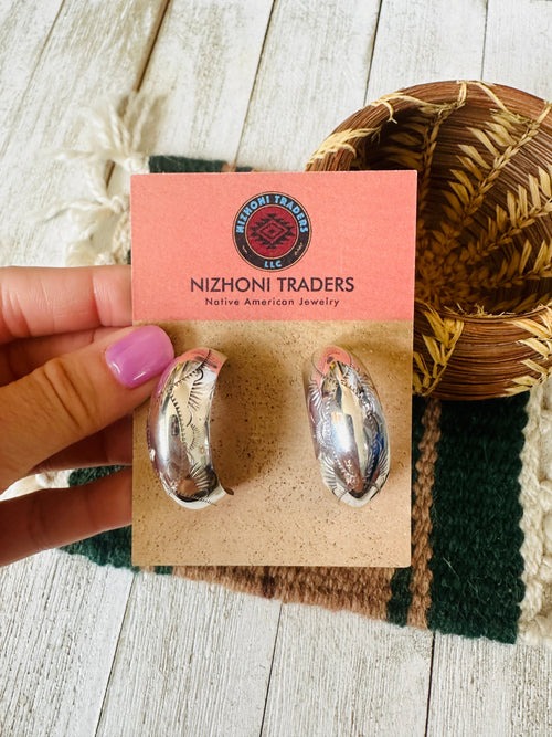 Navajo Hand Stamped Sterling Silver Hoop Earrings