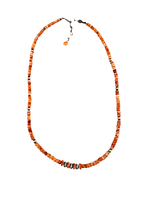 Navajo Orange Spiny & Sterling Silver 16” Beaded Necklace