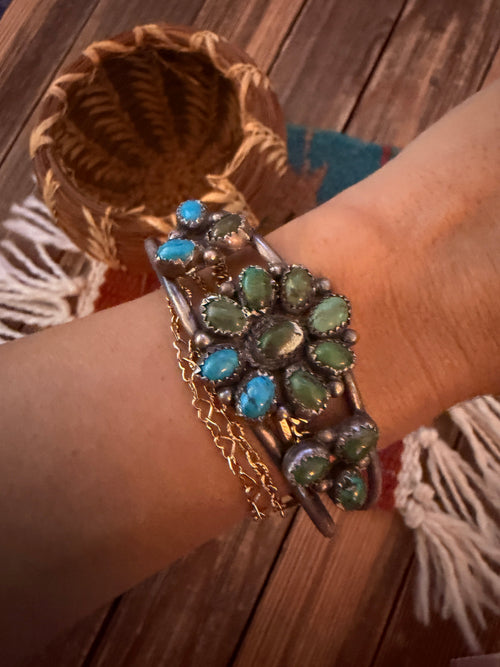 Handcrafted Old Pawn Sterling Silver & Turquoise Cluster Cuff Bracelet