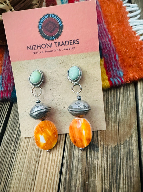 Handcrafted Turquoise, Spiny  & Sterling Silver Beaded Dangle Earrings