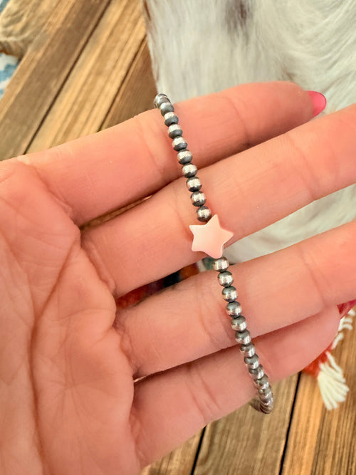 Handcrafted Queen Pink Conch and Sterling Silver Pearl Star Beaded Necklace